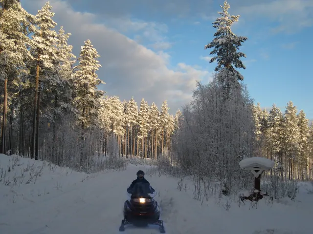 Snöskoter framför stugan